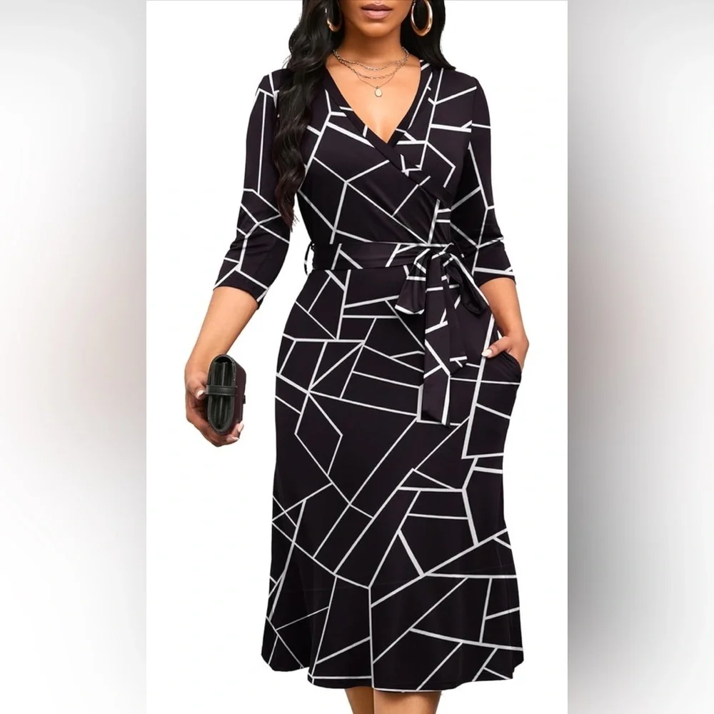 Geometric Black and White Wrap Dress with belt/size M